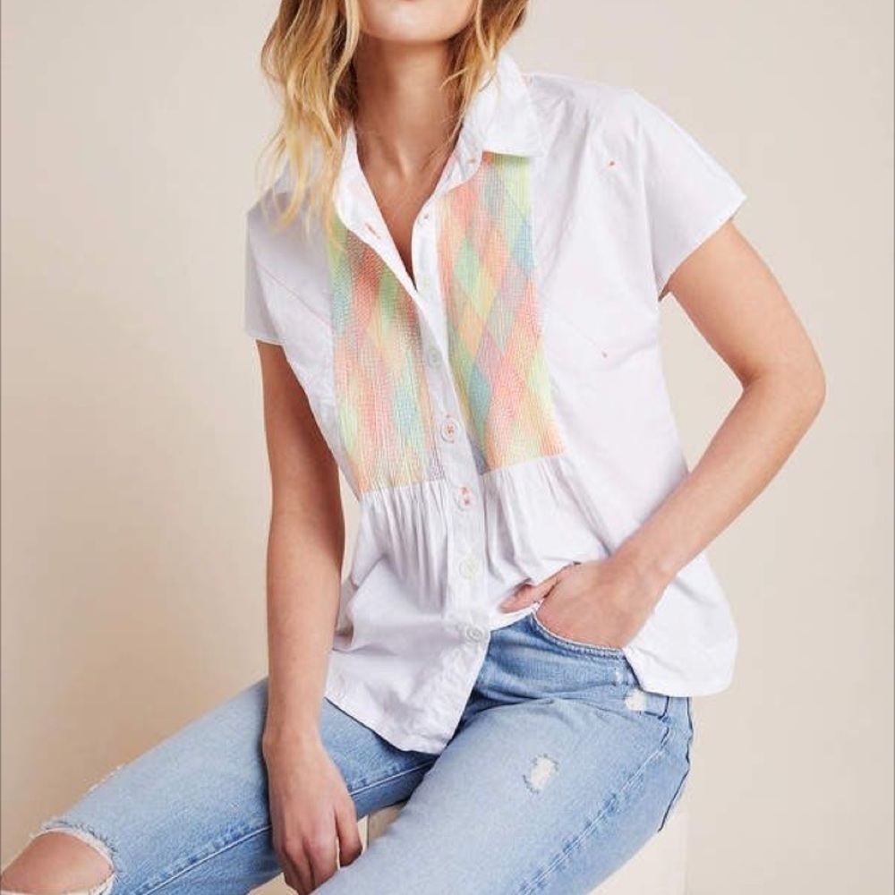 Anthropologie Rajesh Pratap Singh “Cynthia” button front pintucked colorful top.